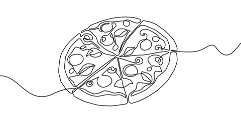 Continuous line pizza vector slice icon cheese food hand drawn background sketch. Illustration pizza vector set isolated pizzeria outline symbol doodle italy menu eat piece art design logo italian