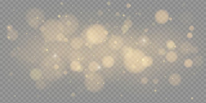 Golden light bokeh effect with glitter dust, sparkles and festive confetti. Abstract glowing texture on dark background. Includes flare, starburst, snow, spray and firework. Vector PNG for holidays.