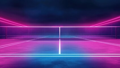 Neon tennis court, dark, vibrant pink and blue lights