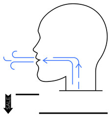Side profile of a human head with arrows showing air movement through the respiratory tract. Ideal for health, anatomy, breathing, airflow, education, medical, wellness. Flat simple metaphor