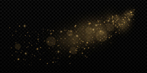 Golden glitter trail with sparkles, dust and magical swirl. Abstract wave with shimmer, flare and confetti. Luxury 3D light effect for holiday, birthday. Vector isolated transparent festive design