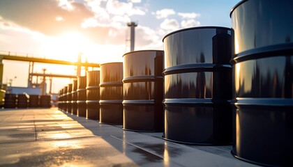 Obraz premium Oil barrels lined up at an industrial site.