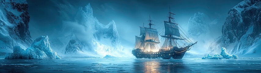 Obraz premium Majestic Icebound Vessel Navigating Frozen Seascape