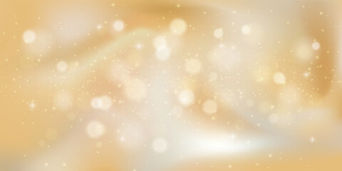 Champagne gold bokeh texture with soft glitter, glow and shimmer. Seamless luxury background with warm beige gradient, festive sparkle and dreamy satin light effect. Elegant cosmetic style vector.