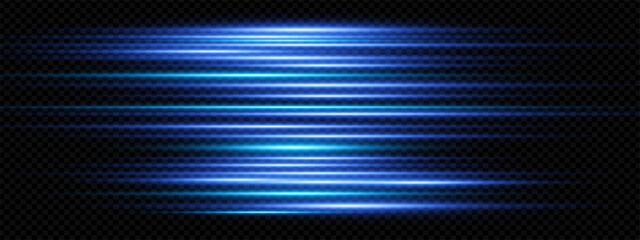 Futuristic blue laser beam with glowing flare and electric streaks. Fast horizontal motion effect on dark abstract background. Bright digital light burst vector for tech or fantasy design themes.