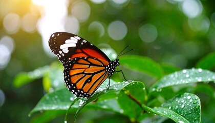 Obraz premium Orange butterfly resting on green leaves.
