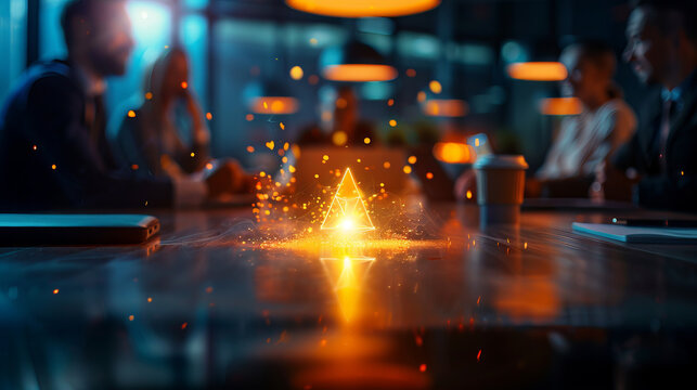 Project team united in their goals, sharing insight and creativity in modern workspace, illuminated by warm lighting