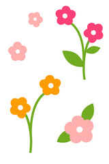Cute cartoon flowers in pink and orange colors with green stems and leaves on white background. Simple floral illustration perfect for spring designs, kids decor, greeting cards, and cheerful projects