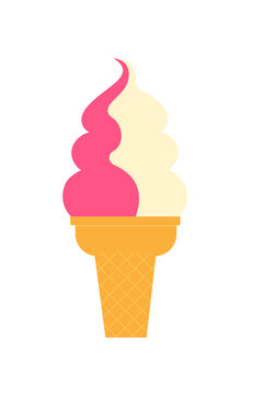Soft serve ice cream cone with pink and vanilla swirl flavors in waffle cone. Sweet frozen yogurt dessert illustration perfect for summer treats, food designs and colorful dessert graphics. PNG