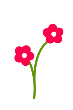 Two bright pink flowers with green curved stem on white background. Simple cartoon floral illustration perfect for spring designs, greeting cards, nature graphics and cheerful decorations. PNG 