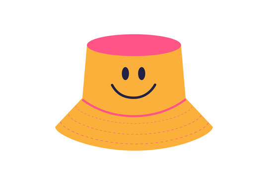 Cute cartoon bucket hat with smiley face in bright orange and pink colors. Happy summer hat illustration perfect for kids fashion, vacation designs, and cheerful seasonal graphics. PNG isolated