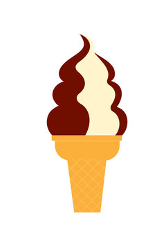 Flat vector illustration of a chocolate and vanilla soft serve ice cream in a cone. Simple summer dessert icon perfect for food graphics, menus, and kids designs. PNG isolated
