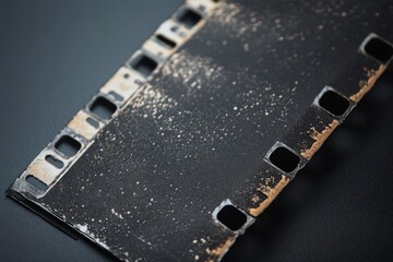 Aged film strip, dark surface, film reels