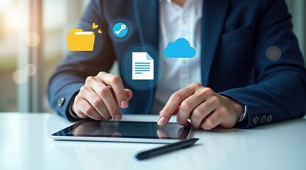 Close-up of a person using a tablet computer with digital file icons overlaid.