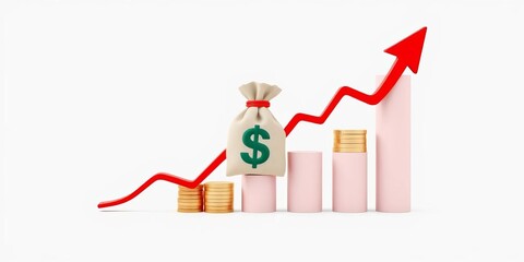 Upward trending graph with money bag, coins, and arrow depicting financial growth, profit, income