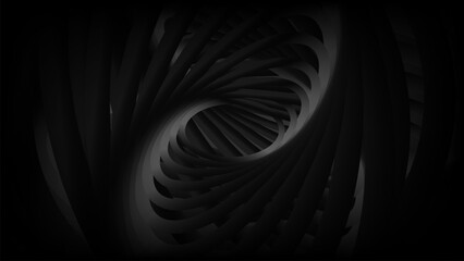 Twisted 3D abstract spiral background, black and white geometric form creating a futuristic and dark tunnel. Ideal for modern designs, technology, or mysterious themes
