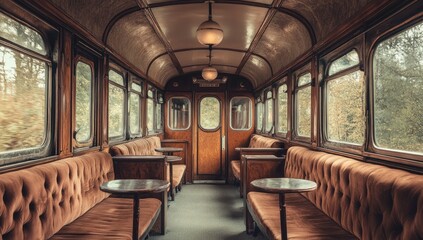 Interior of a vintage train car with brown seats and tables