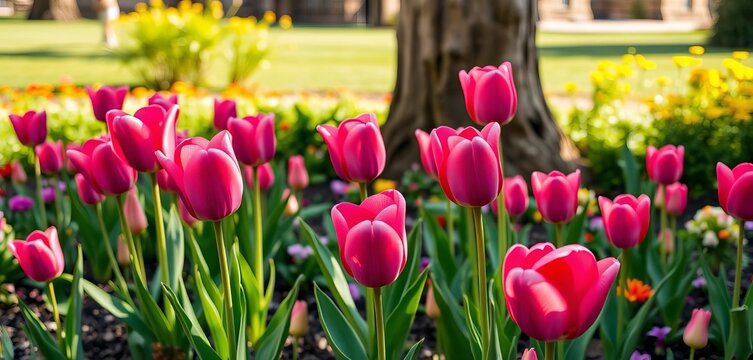 Vertical image of vibrant pink tulips blooming in a lush park flowerbed , vibrant, plant - Powered by Adobe