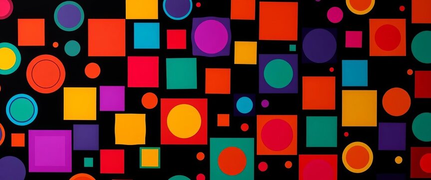 Vibrant abstract geometric pattern featuring colorful circles and squares on a deep black background , style, simple design
