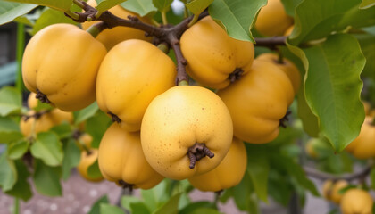Ripe yellow quince fruits grow on quince tree with green foliage at summer garden.