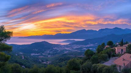 Fototapeta premium Golden sunset over a serene landscape, warm light through clouds, orange and purple hues blending in harmony