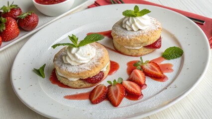 Strawberry Shortcake Towers Whipped Cream, Mint and Strawberry Coulis, Dessert, Baking
