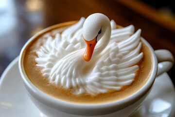 Close-up of intricate latte art featuring swan design