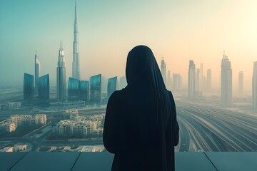 Obraz na płótnie Canvas Silhouette of veiled woman gazing at modern Dubai skyline at sunset, symbolizing ambition and a bright future.