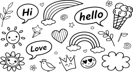 cute hand drawn doodle vector set,a seamless vector doodle illustration in black and white. love, Natural , firework, cloud, weather, rainbow, snow, heart and creative design vector collection.