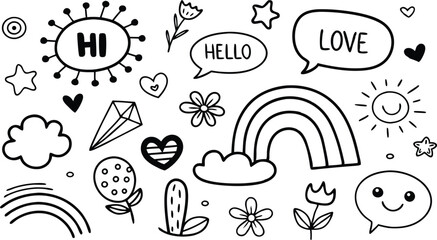 cute hand drawn doodle vector set,a seamless vector doodle illustration in black and white. love, Natural , firework, cloud, weather, rainbow, snow, heart and creative design vector collection.