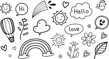 cute hand drawn doodle vector set,a seamless vector doodle illustration in black and white. love, Natural , firework, cloud, weather, rainbow, snow, heart and creative design vector collection.