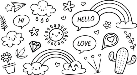 cute hand drawn doodle vector set,a seamless vector doodle illustration in black and white. love, Natural , firework, cloud, weather, rainbow, snow, heart and creative design vector collection.