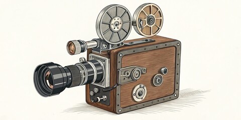 Obraz premium Vintage Film Camera Sketch, filmmaking , retro camera