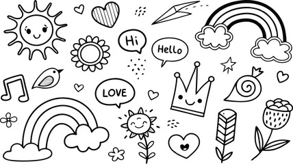 cute hand drawn doodle vector set,a seamless vector doodle illustration in black and white. love, Natural , firework, cloud, weather, rainbow, snow, heart and creative design vector collection.