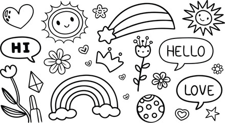 cute hand drawn doodle vector set,a seamless vector doodle illustration in black and white. love, Natural , firework, cloud, weather, rainbow, snow, heart and creative design vector collection.