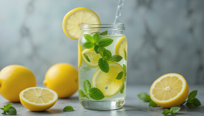Lemon Infusion: Refreshing beverage filled with juicy lemon slices and sprigs of fresh mint, infused into water, providing hydration and natural flavor.