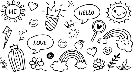 cute hand drawn doodle vector set,a seamless vector doodle illustration in black and white. love, Natural , firework, cloud, weather, rainbow, snow, heart and creative design vector collection.