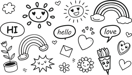 cute hand drawn doodle vector set,a seamless vector doodle illustration in black and white. love, Natural , firework, cloud, weather, rainbow, snow, heart and creative design vector collection.