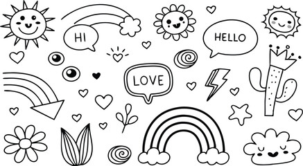 cute hand drawn doodle vector set,a seamless vector doodle illustration in black and white. love, Natural , firework, cloud, weather, rainbow, snow, heart and creative design vector collection.