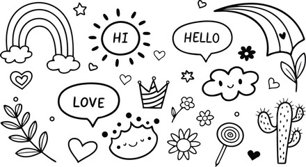 cute hand drawn doodle vector set,a seamless vector doodle illustration in black and white. love, Natural , firework, cloud, weather, rainbow, snow, heart and creative design vector collection.