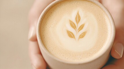 Hands holding a cup of latte art coffee