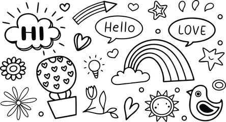 cute hand drawn doodle vector set,a seamless vector doodle illustration in black and white. love, Natural , firework, cloud, weather, rainbow, snow, heart and creative design vector collection.