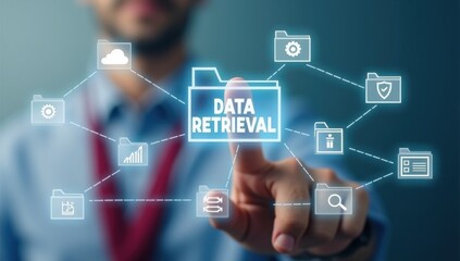 Hand pointing at a data retrieval interface.