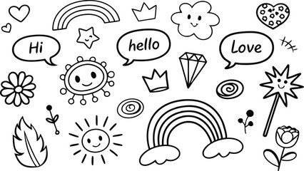 cute hand drawn doodle vector set,a seamless vector doodle illustration in black and white. love, Natural , firework, cloud, weather, rainbow, snow, heart and creative design vector collection.