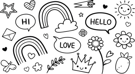 cute hand drawn doodle vector set,a seamless vector doodle illustration in black and white. love, Natural , firework, cloud, weather, rainbow, snow, heart and creative design vector collection.
