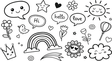 cute hand drawn doodle vector set,a seamless vector doodle illustration in black and white. love, Natural , firework, cloud, weather, rainbow, snow, heart and creative design vector collection.