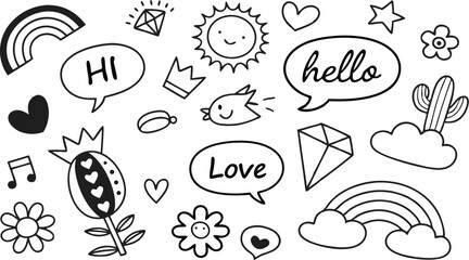 cute hand drawn doodle vector set,a seamless vector doodle illustration in black and white. love, Natural , firework, cloud, weather, rainbow, snow, heart and creative design vector collection.