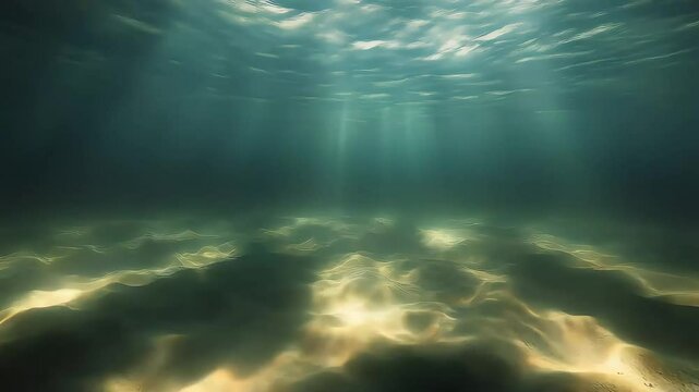 Sunlight filtering through water surface creates underwater caustics on sandy bottom