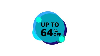 Abstract 64% Percent Off Flat Style Banner Sticker Colorful Label Popup Promotional black color 4k illustration. Colorful circle 64% OFF, Sale, Discounts, Special Offers etc. White background 4k.