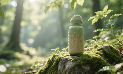 Eco-Friendly Reusable Water Bottle on Moss-Covered Rock in Sunlit Forest with Lush Green Foliage